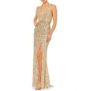 Mac Duggal 5759 Sequined Backless Halter Long Column Gown Gold Size 16 Dress